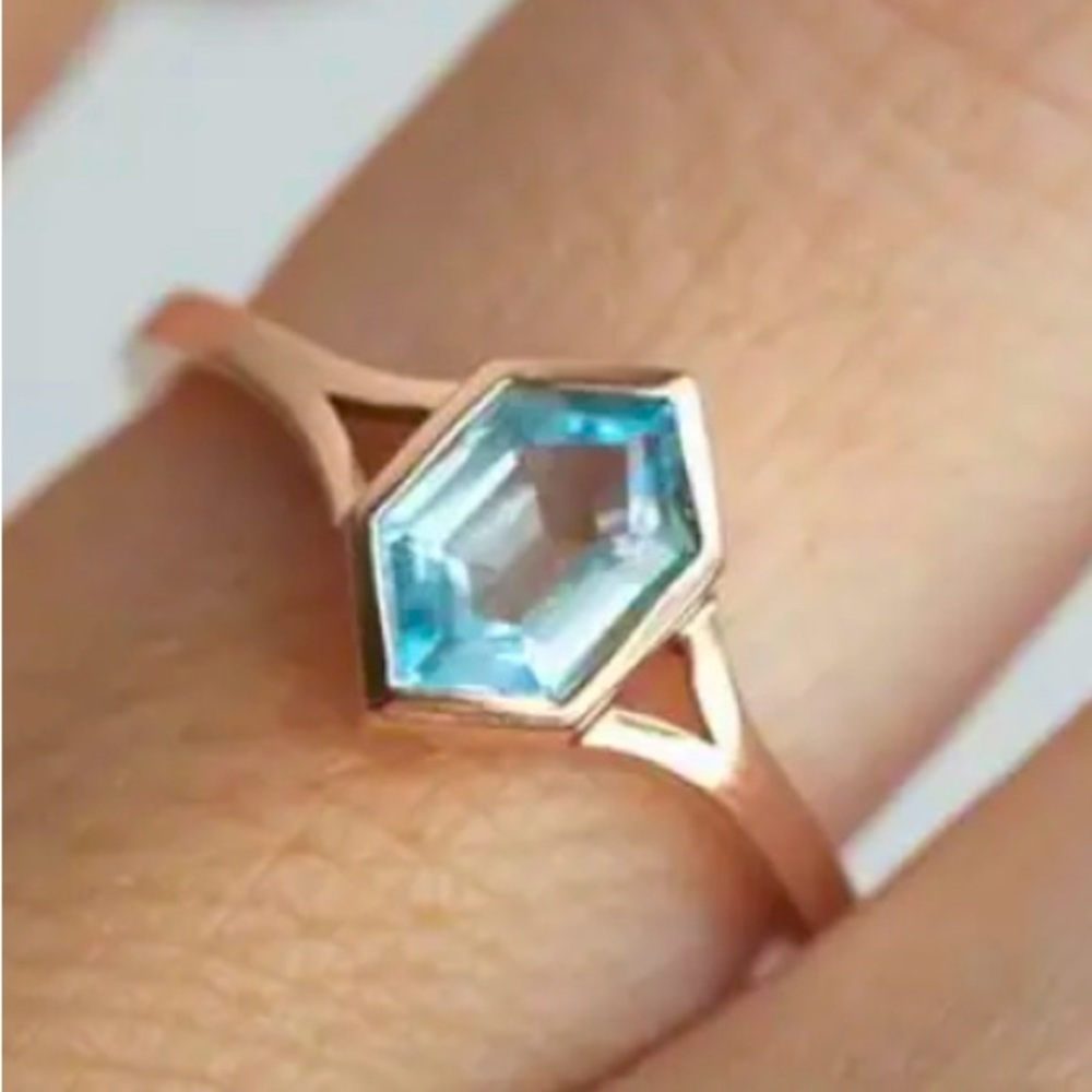 Elegant Ring 14k Gold Plated Inlaid Aquamarine Gemstone Ring - multiple sizes
